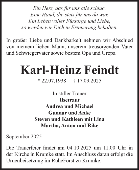 Traueranzeige von Karl-Heinz Feindt von Volksstimme Altmark Ost