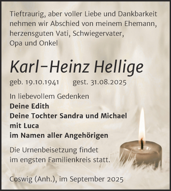 Traueranzeige von Karl-Heinz Hellige von Trauerkombi Wittenberg