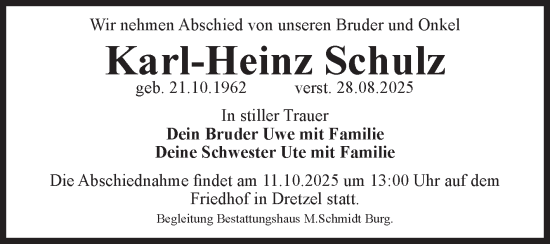 Traueranzeige von Karl-Heinz Schulz von Volksstimme Burg/Genthin