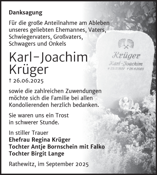 Traueranzeige von Karl-Joachim Krüger von Naumburger Tageblatt