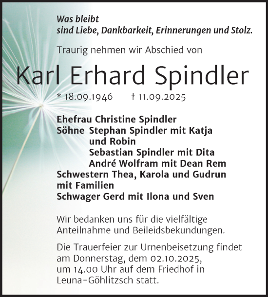 Traueranzeige von Karl Erhard Spindler von Trauerkombi Merseburg