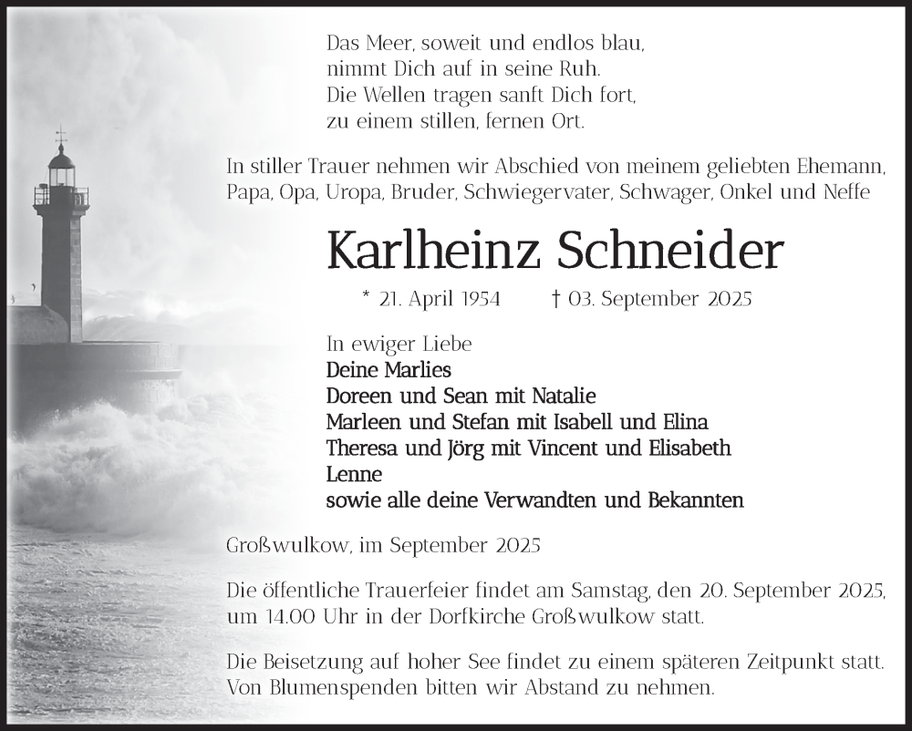  Traueranzeige für Karlheinz Schneider vom 13.09.2025 aus Volksstimme Burg/Genthin