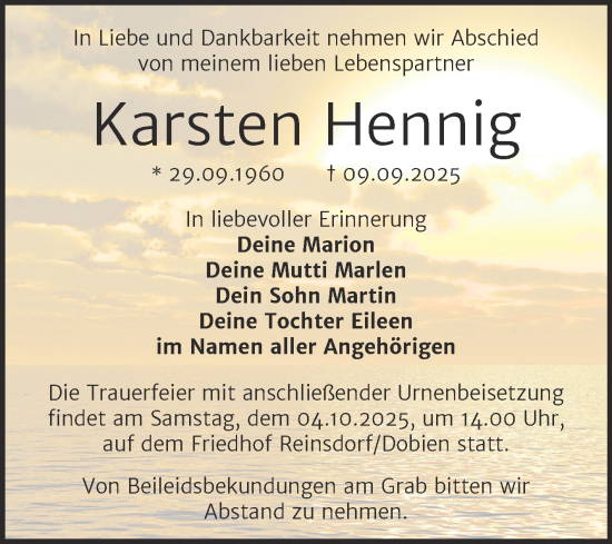 Traueranzeige von Karsten Hennig von Trauerkombi Wittenberg
