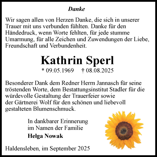 Traueranzeige von Kathrin Sperl von Volksstimme Haldensleben/Wolmirstedt