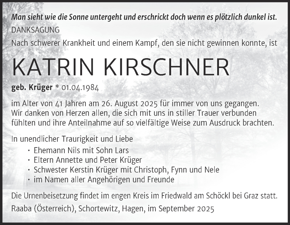  Traueranzeige für Katrin Kirschner vom 20.09.2025 aus Super Sonntag Köthen