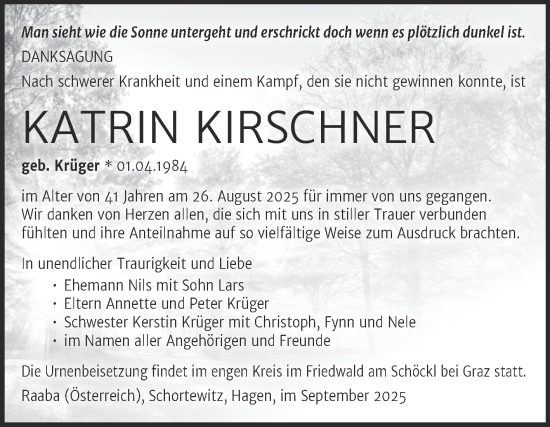 Traueranzeige von Katrin Kirschner von Super Sonntag Köthen