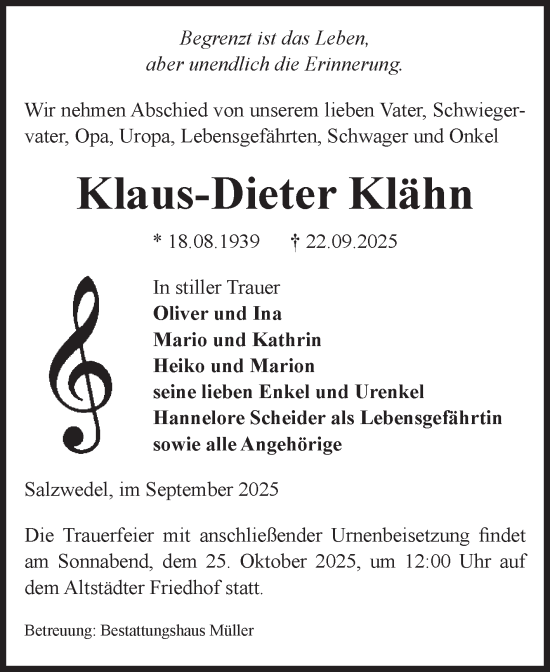 Traueranzeige von Klaus-Dieter Klähn von Volksstimme Altmark West