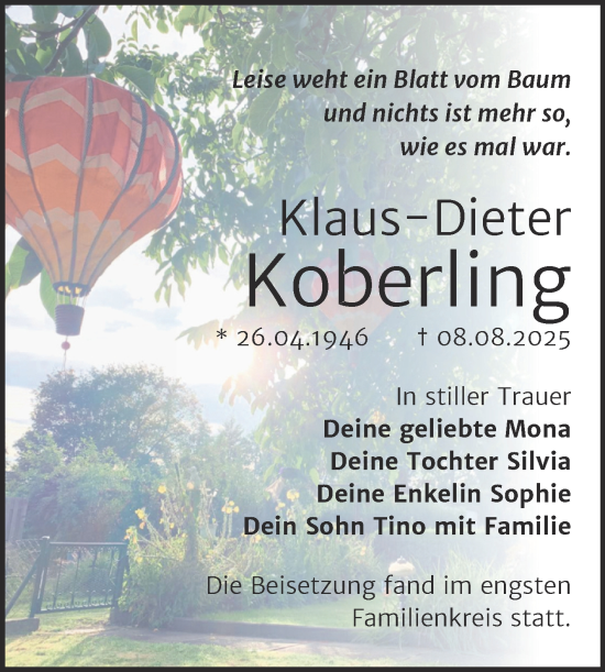 Traueranzeige von Klaus-Dieter Koberling von Trauerkombi Wittenberg