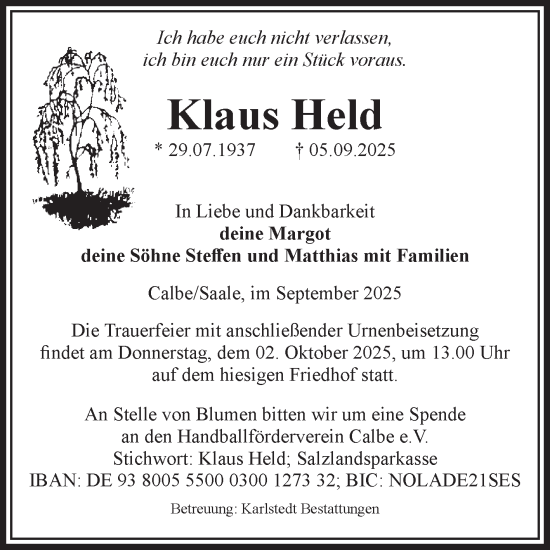 Traueranzeige von Klaus Held von Volksstimme Schönebeck