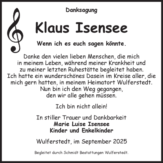Traueranzeige von Klaus Isensee von Volksstimme Oschersleben/Wanzleben