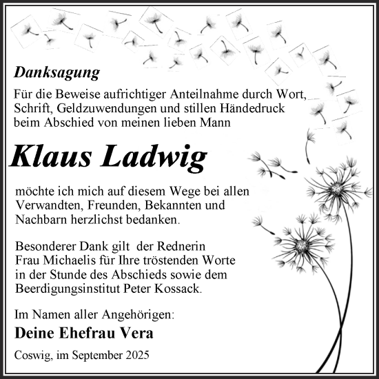 Traueranzeige von Klaus Ladwig von Trauerkombi Wittenberg