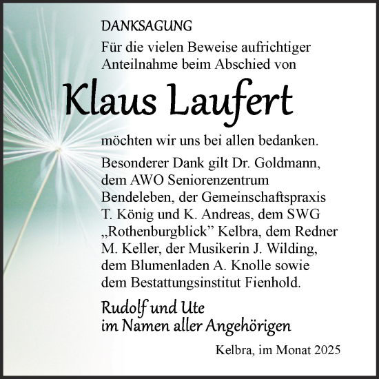 Traueranzeige von Klaus Laufert von Trauerkombi Sangerhausen