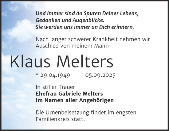 Traueranzeige von Klaus Melters von Trauerkombi Merseburg