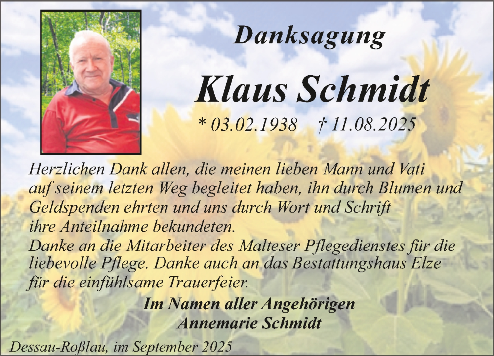  Traueranzeige für Klaus Schmidt vom 27.09.2025 aus Trauerkombi Dessau