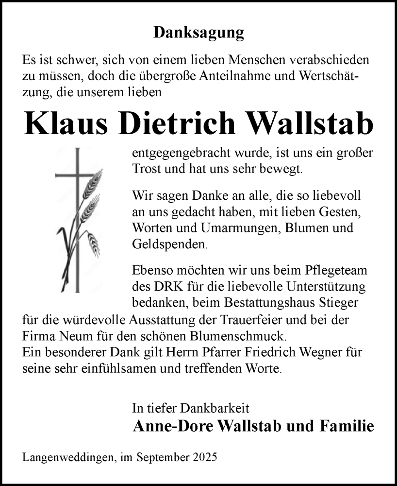  Traueranzeige für Klaus Dietrich Wallstab vom 13.09.2025 aus Volksstimme Oschersleben/Wanzleben