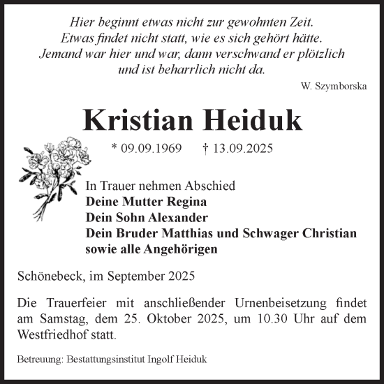 Traueranzeige von Kristian Heiduk von Volksstimme Schönebeck
