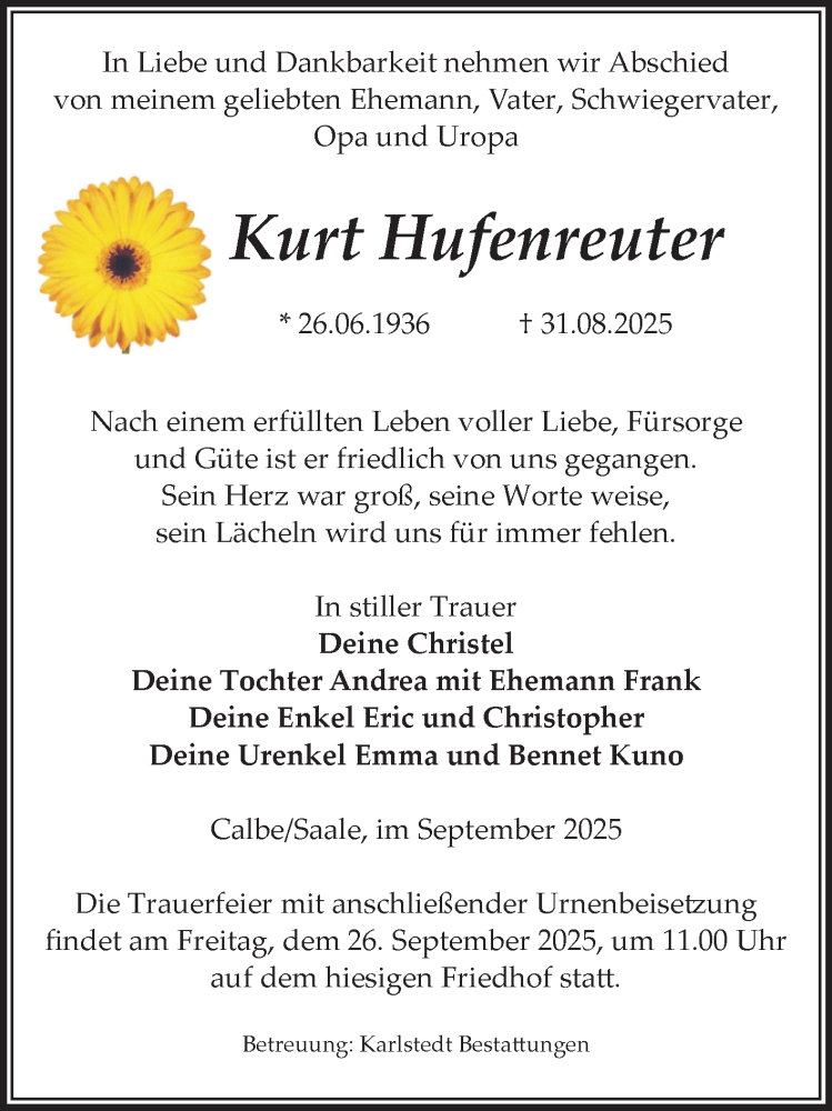  Traueranzeige für Kurt Hufenreuter vom 13.09.2025 aus Volksstimme Schönebeck