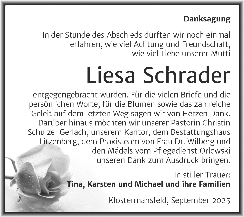 Traueranzeige für Liesa Schrader vom 27.09.2025 aus Trauerkombi Mansfelder Land
