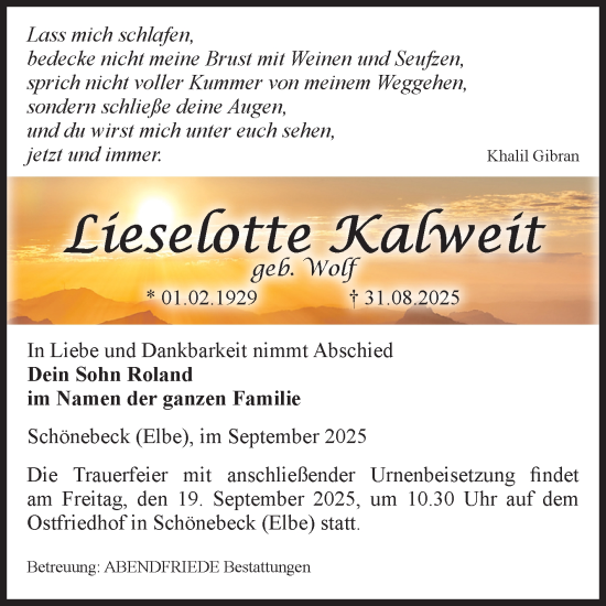 Traueranzeige von Lieselotte Kalweit von Volksstimme Schönebeck