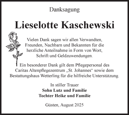 Traueranzeige von Lieselotte Kaschewski von Volksstimme Staßfurt