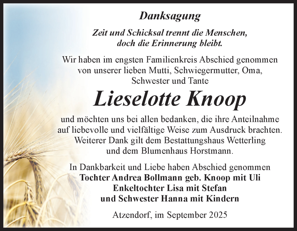  Traueranzeige für Lieselotte Knoop vom 20.09.2025 aus Volksstimme Staßfurt