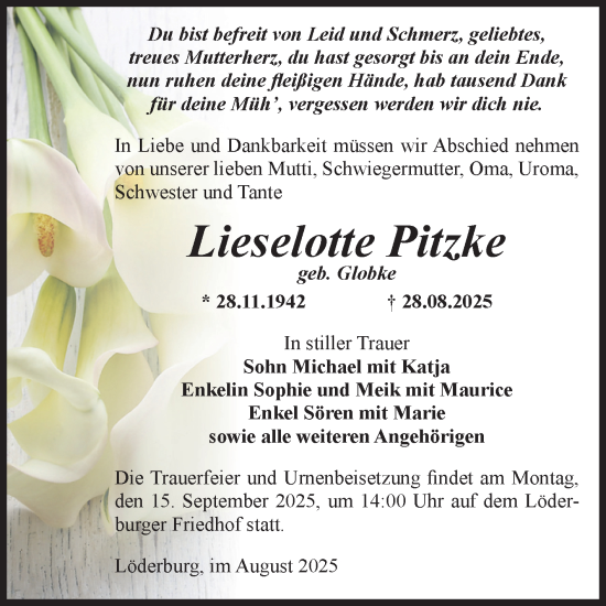 Traueranzeige von Lieselotte Pitzke von Volksstimme Staßfurt