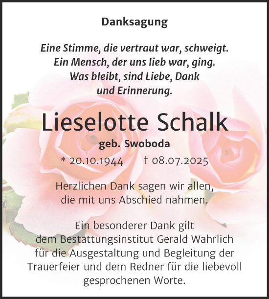 Traueranzeige von Lieselotte Schalk von Trauerkombi Mansfelder Land