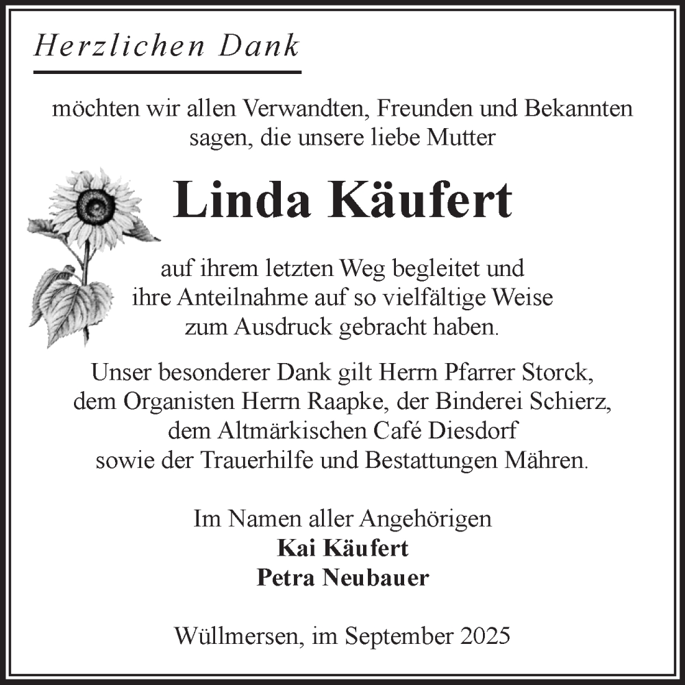  Traueranzeige für Linda Käufert vom 13.09.2025 aus Volksstimme Altmark West