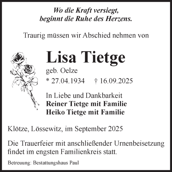 Traueranzeige von Lisa Tietge von Volksstimme Altmark West