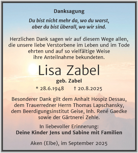 Traueranzeige von Lisa Zabel von Trauerkombi Köthen