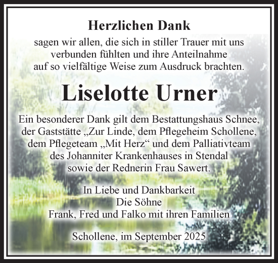 Traueranzeige von Liselotte Urner von Volksstimme Altmark Ost