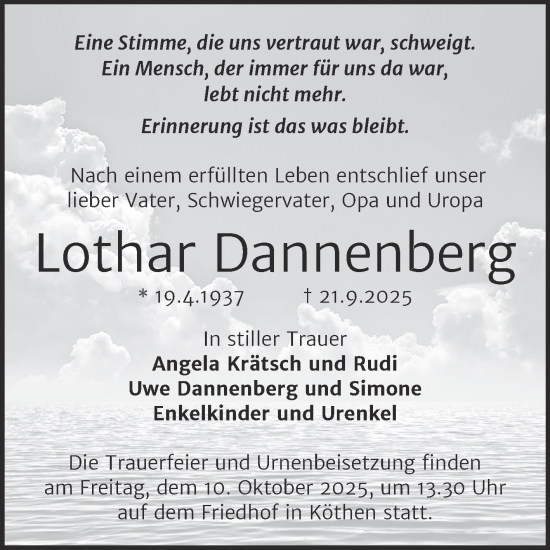 Traueranzeige von Lothar Dannenberg von Trauerkombi Köthen