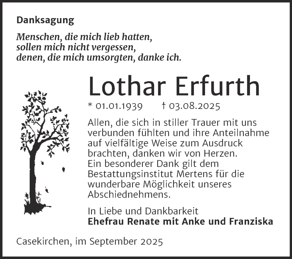  Traueranzeige für Lothar Erfurth vom 13.09.2025 aus Super Sonntag Naumburg/Nebra