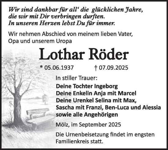 Traueranzeige von Lothar Röder von Trauerkombi Köthen