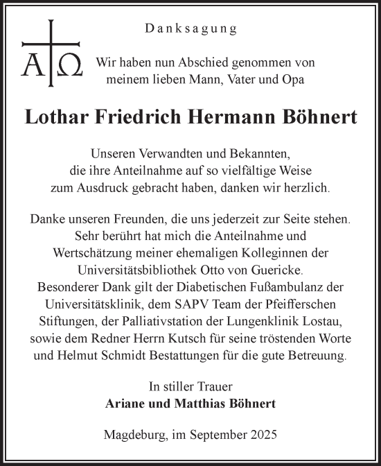 Traueranzeige von Lothar Friedrich Hermann Böhnert von Volksstimme Magdeburg