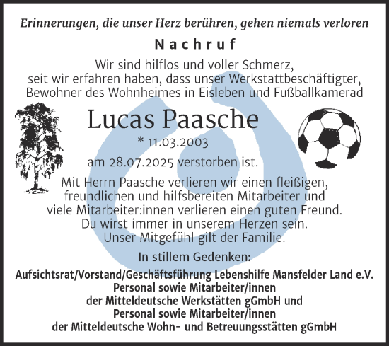 Traueranzeige von Lucas Paasche von Mitteldeutsche Zeitung Mansfelder Land