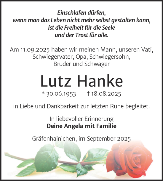 Traueranzeige von Lutz Hanke von Trauerkombi Wittenberg