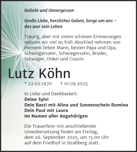 Traueranzeige von Lutz Köhn von Trauerkombi Quedlinburg