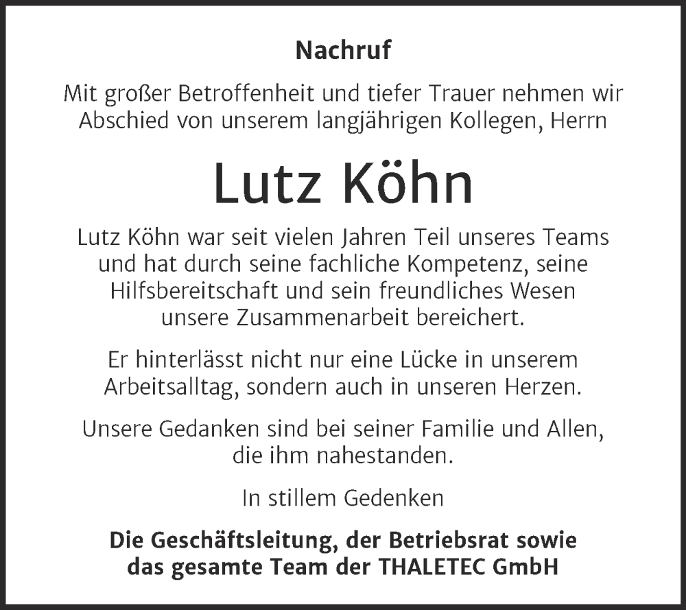  Traueranzeige für Lutz Köhn vom 30.09.2025 aus Mitteldeutsche Zeitung Quedlingburg
