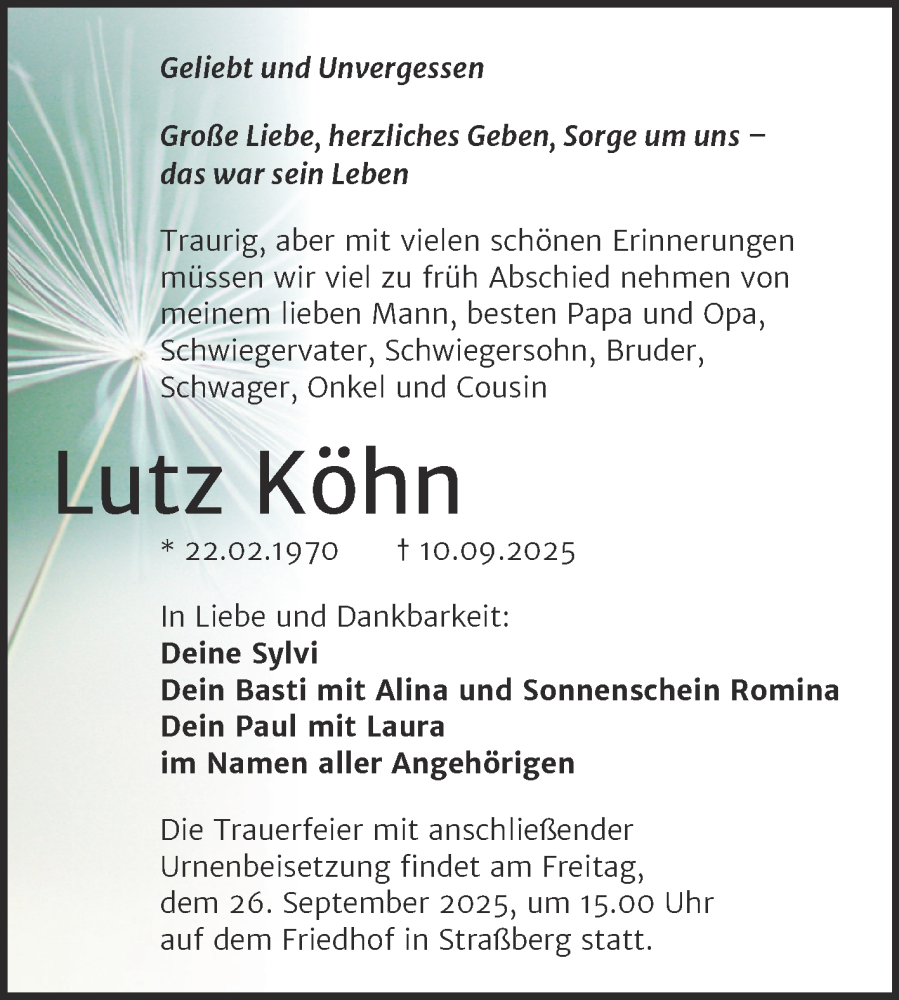  Traueranzeige für Lutz Köhn vom 20.09.2025 aus Trauerkombi Quedlinburg