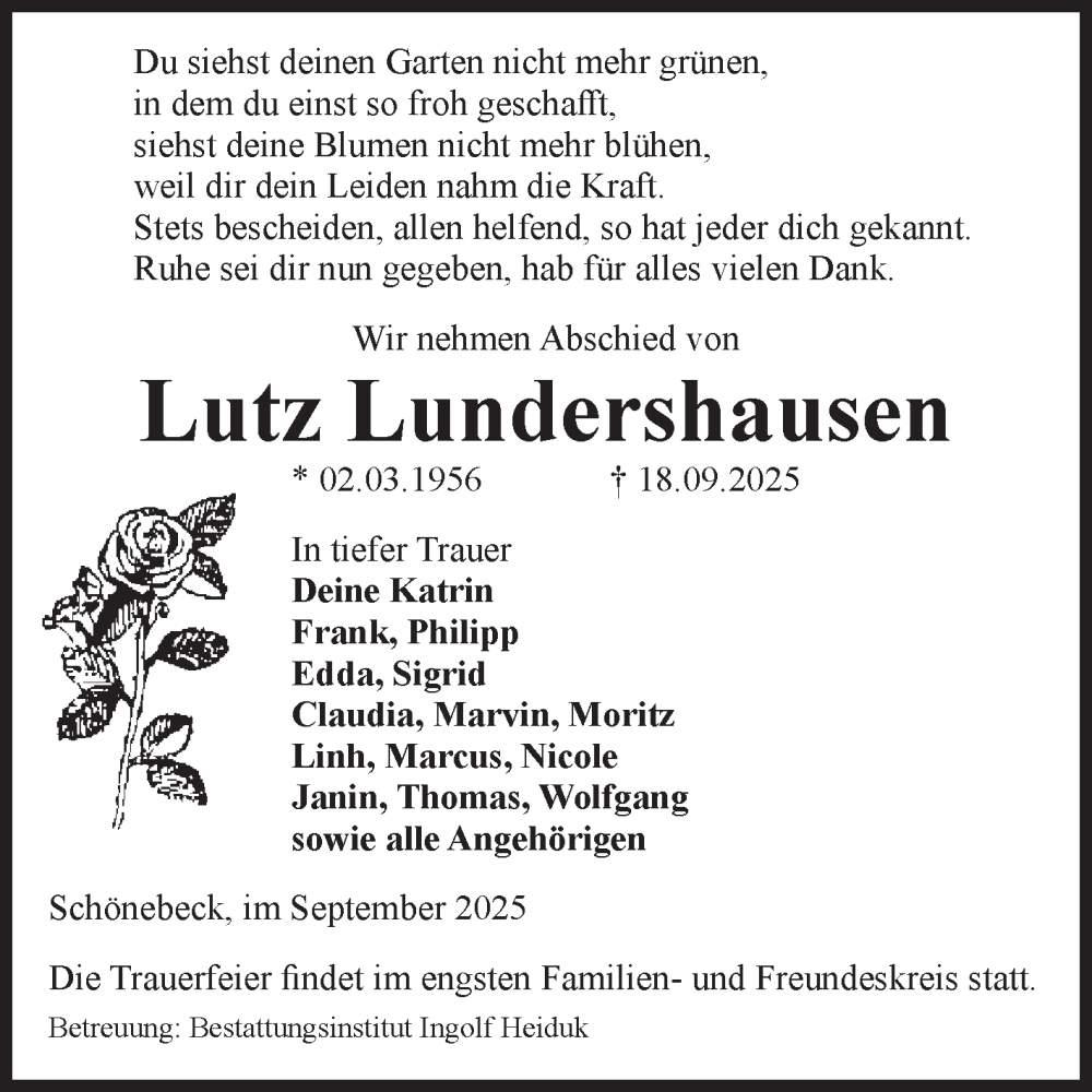  Traueranzeige für Lutz Lundershausen vom 27.09.2025 aus Volksstimme Schönebeck