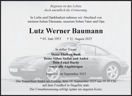 Traueranzeige von Lutz Werner Baumann von Volksstimme Burg/Genthin
