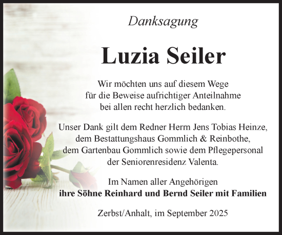 Traueranzeige von Luzia Seiler von Volksstimme Zerbst