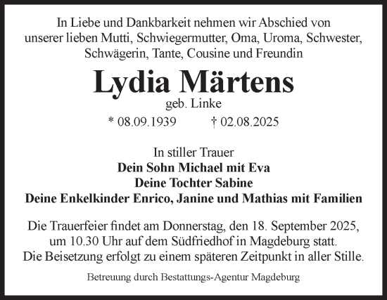 Traueranzeige von Lydia Märtens von Volksstimme Magdeburg