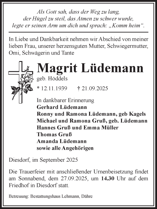 Traueranzeige von Magrit Lüdemann von Volksstimme Altmark West