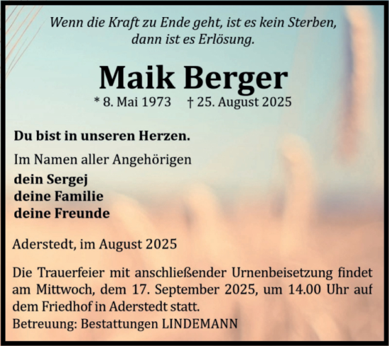 Traueranzeige von Maik Berger von Volksstimme Halberstadt