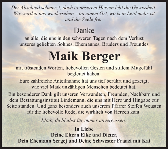 Traueranzeige von Maik Berger von Volksstimme Halberstadt