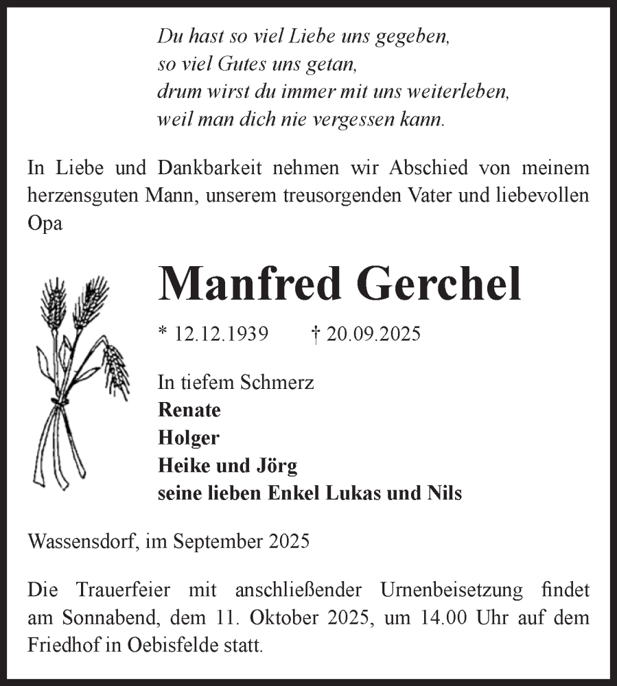  Traueranzeige für Manfred Gerchel vom 27.09.2025 aus Volksstimme Altmark West