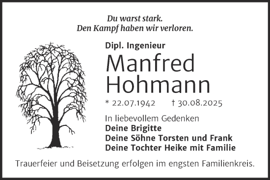 Traueranzeige von Manfred Hohmann von Trauerkombi Dessau