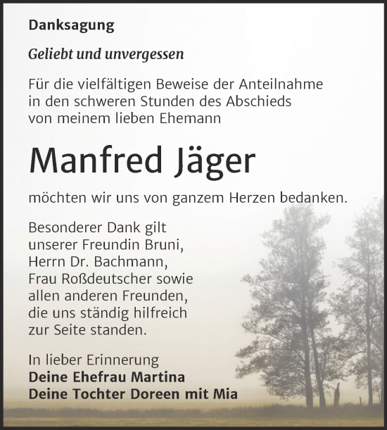 Traueranzeige von Manfred Jäger von Trauerkombi Zeitz
